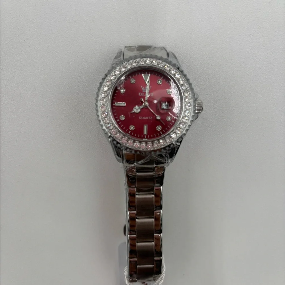 OLEVS Women's Luxury Watch Silver Red Dial Crystal Bezel Stainless‎